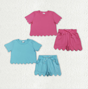 Nouveauté : Ensemble de vêtements pour bébés filles, haut à manches courtes à volants rose et bleu, short avec poches - Product Image 4