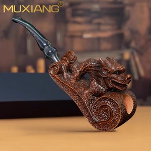 Muxiang Hand Carved Dragon Tobacco Pipe Bent Type Solid Wood Smoking Pipe For Men - Product Image 2