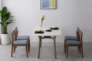 Conjunto de mesa de jantar retangular para casa e restaurante, móveis de luxo personalizados com pedra de mármore e tampo de madeira, novo design moderno