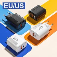 Chargeur de téléphone portable 65W avec prise EU/US, boîtier poli, 1USB+2PD, adaptateur secteur 5V2A, tête de charge rapide multi-ports PD Type C