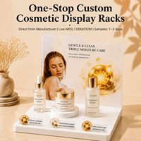 Présentoir de Comptoir Cosmétique en Acrylique Blanc Brillant sur Plateforme Surélevée, avec Fond Entièrement Imprimé Personnalisé pour Soins de la Peau