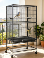 Grande volière en métal noir avec base à roulettes, étagère de rangement et nombreuses perchoirs en bois pour accueillir de nombreux perroquets de taille moyenne