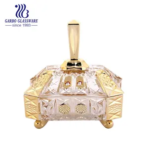 square candy pot shape wedding glass pot golden glass candy jar with lid candy bowl golden luxury style glass holder with lid