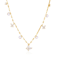 Collier papillon en acier inoxydable plaqué or 18 carats avec perle et zircone pour femme, bijou fantaisie avec chaîne à lèvres, cadeau idéal
