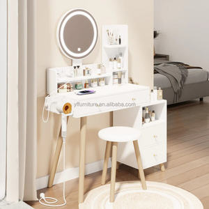 Juego de tocador de maquillaje de alta calidad con espejo con luz LED y taburete de cojín, tocador con mesita de noche - Product Image 2