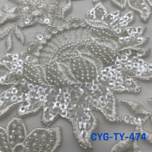 CYGラブリーフラワーブライダルレース生地ビーズとスパンコールバイヤード、クチュールレース生地、豪華なビーズのウェディングドレスレース - Product Image 3