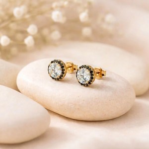 White Topaz Stud Earrings With <b>Black</b> Spinel Accents Round Cut Natural Gemstone In 925 Sterling Silver Or 18K Gold Filled Minimal - Product Image 4