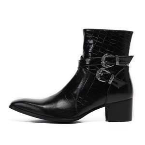 Botas de cuero de vaca de caña alta con estilo retro inglés, zapatos de hombre con punta cuadrada, patrones tallados a mano, cremallera, zapatos de cuero negro. - Product Image 2