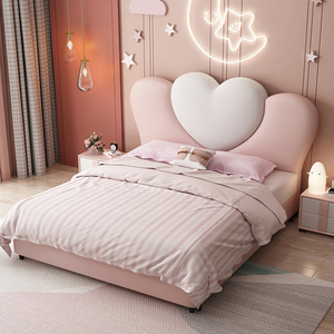 Ensemble de lit princesse rose moderne pour filles, lit rembourré en cuir confortable pour enfants avec cadre de lit de rangement en forme de cœur - Product Image 1