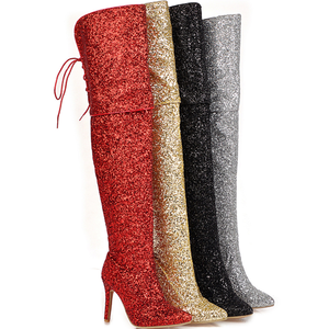 <span class=keywords><strong>Stivali</strong></span> alti alla coscia Sexy Bling Glitter rosso Lace Up scarpe a punta <span class=keywords><strong>stivali</strong></span> con tacco medio da <span class=keywords><strong>donna</strong></span> stivaletti di Design sopra il <span class=keywords><strong>ginocchio</strong></span> - Product Image 4