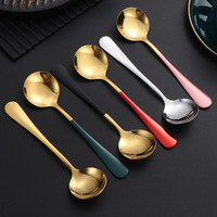 Cuillère ronde en acier inoxydable personnalisée avec logo, cuillère à dessert coréenne, cuillère à café et à thé, manche coloré or rose vert noir rouge café