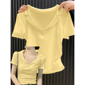 Estilo americano <span class=keywords><strong>Mujer</strong></span> Verano Casual para Polo Color sólido Cuello en V Slim-Fit Top corto Turn-Down Collar Base de manga corta - Product Image 6