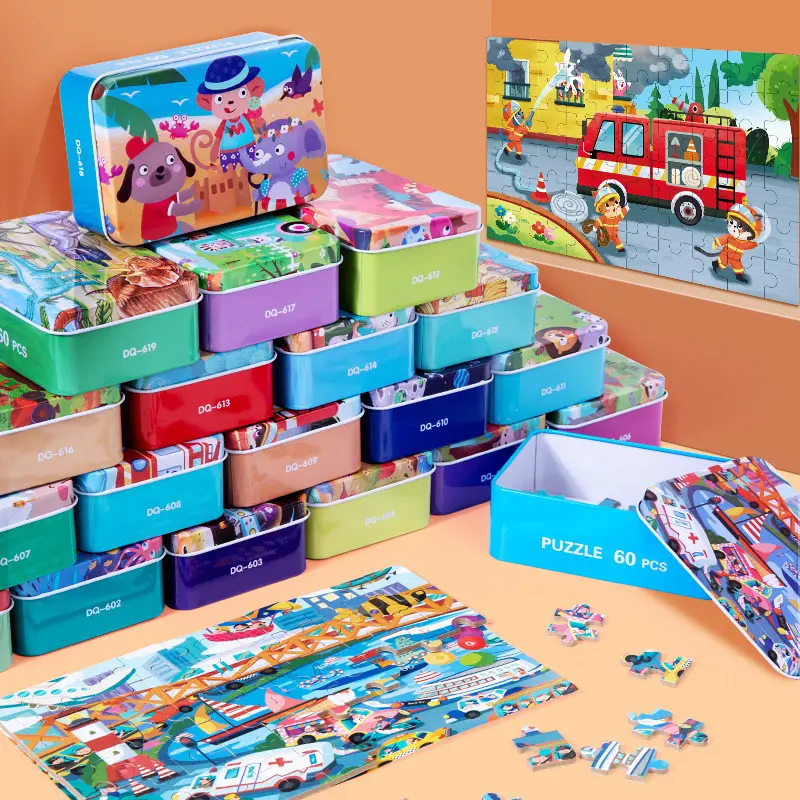 Different Style 60 Pcs in 1 box Wooden Jigsaw Cartoon Puzzle Game Educational Learning Toy Games for Children Kid