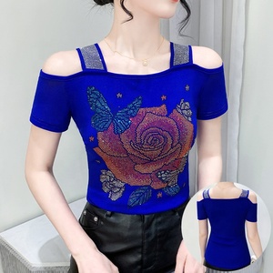 <span class=keywords><strong>Camiseta</strong></span> de Fiesta Personalizada para Mujer, con Lentejuelas <span class=keywords><strong>Brillantes</strong></span> y Pedrería de Mariposa, Sexy, con Hombros Descubiertos, Manga Corta, para Discoteca - Product Image 2