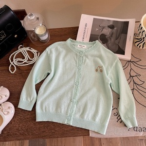 Tongxingyuan Girls Knit Cardigan Solid Color Cotton Spring Summer Autumn Casual Cherry Embroidery Sweater - Product Image 3