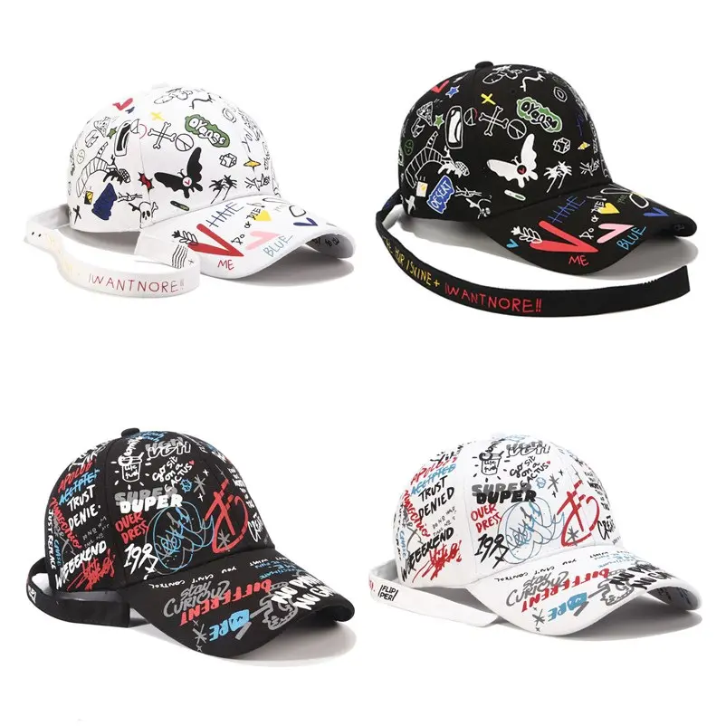 Cheap Hip Hop Streetwear Custom Design All Over Printed Graffiti Cotton 6 Panel Sports Baseball Hat Cap for Men and Women Caps
