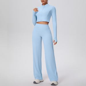 Conjunto de 2 Piezas para Mujer: Chaqueta con Cierre y Pantalones Rectos Holgados, Color Sólido, Transpirable y con Microcepillado, para Deportes, Running, Yoga y Fitness - Product Image 4