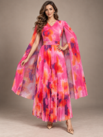 Nouvelle Arrivée Robe Femme Plissée Grande Taille Col V Manches Cape Imprimé Floral Ceinture Perlée Élégante Vente en Gros Style Miyake