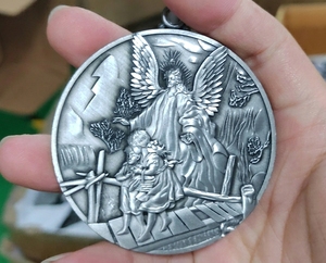 Medaglie Religiose con Angelo per Culla e Preghiera per Bambini con Nastro in Raso, Lega di Zinco Placcata Argento, Stampa Serigrafica - Product Image 4
