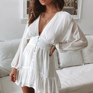 Abito Estivo da Donna Sexy con Scollo a V Profondo, Bianco in Pizzo a Maniche Lunghe, per Matrimoni e Feste, Elegante con Volant - Product Image 1