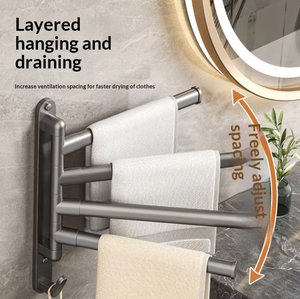 Porte-serviettes mural pliable à 2 barres en acier inoxydable brossé, moderne, pour salle de bain, avec crochets de séchage rotatifs - Product Image 2