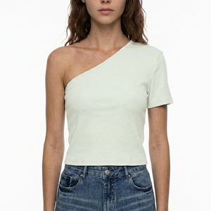 Sexy One Shoulder Rib Knit Crop T Shirt Fashion Asymmetrical Neck Crop Top Women Y2K Ribbed One Shoulder Slim Fit Tee Summer - Product Image 1