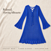 Robe de plage personnalisée OEM pour femme, en crochet, à manches longues, avec lacets, col en V, ajourée, en maille, bleue