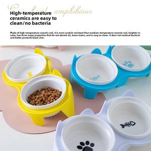 Mangkuk ganda keramik untuk anjing kucing, mangkuk air makanan hewan peliharaan ramah lingkungan kaki tinggi mulut miring melindungi tulang belakang tengkuk hewan peliharaan - Product Image 2