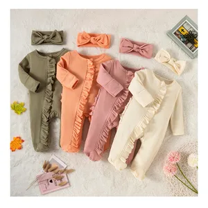 1Pcs Private Label RTS Fall Winter Boys Girls Clothing Waffle Cotton Coming Home Outfits Long Sleeve Ruffle Baby Footie Romper