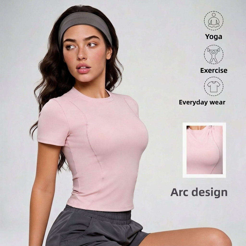Spring/Summer Breathable Slim-Fit Sports Yoga Top for Women Tight-Fitting Short-Sleeve Spandex/Polyester Yoga Tee