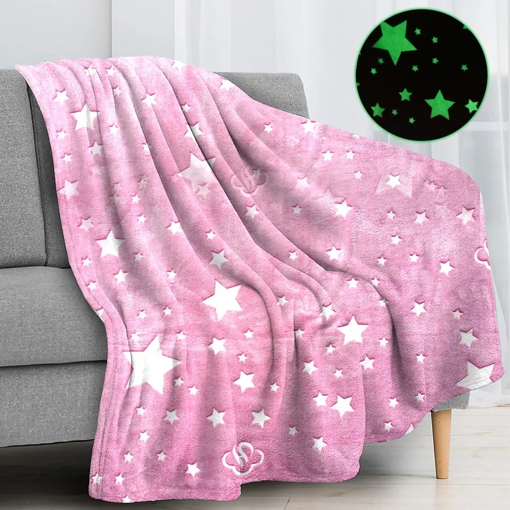 Amazon Pink Stars Pattern Single Side Soft Flannel Fleece Blanket Luminous Glow In The Dark Kids Throw Blanket