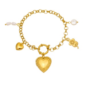 Heart Shape Gold Plated Charm Bracelet With Pearl And Flower Pendant For Women Gift Jewelry - Product Image 5