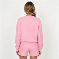 Ensemble sweat-shirt et short rose à col rond pour femme, manches longues, mélange de coton, tenue décontractée d'été, deux pièces, couleur unie
