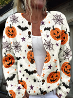 Cardigan tricoté pour femme avec imprimé citrouille d'Halloween, personnalisé par transfert thermique, idéal pour un usage quotidien décontracté ou festif