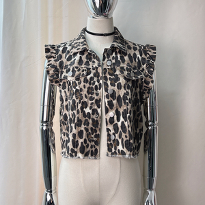 Channel 2024 Leopard Print Women's <strong>Button</strong> <strong>Down</strong> Summer Jean Vest Top <strong>Ruffle</strong> Cropped Sleeveless Denim Jacket