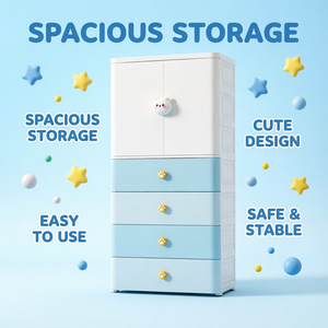 Armoire moderne en plastique pour enfants avec <span class=keywords><strong>2</strong></span> <span class=keywords><strong>portes</strong></span>, 4 tiroirs, étagères multifonctionnelles, organisateur de vêtements, armoire pour chambre d'enfant - Product Image 1