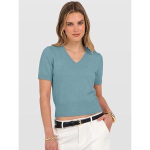 FOXA Suéter corto de manga corta con cuello en V para mujer, top de punto suave y ligero para uso informal de primavera y verano - Product Image 4