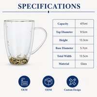 Mug en verre décoratif à double paroi isolé avec paillettes en forme de cœur, grande capacité de 475 ml, pour café, thé, boissons chaudes, maison, bureau, cadeau