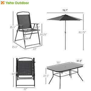 Juego de comedor de patio exterior de 8 piezas con mesa rectangular, 6 sillas y sombrilla a juego para uso en jardín y patio trasero - Product Image 4