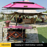 Chariot de camping pliable moderne à quatre roues en bois avec table réglable en hauteur et toit pare-soleil pour le shopping et le rangement