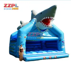 3Dサメデザインインフレータブル弾むハウステーマパーク用ブルーインフレータブルジャンプ城遊び場用