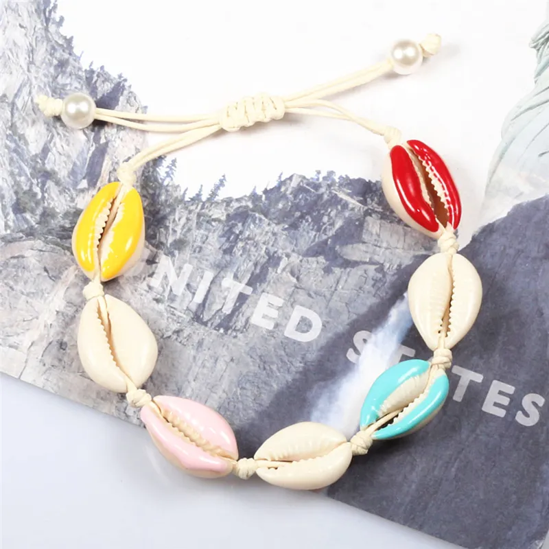 Pulsera con estampado colorido para mujer, brazalete con tobillera trenzada de concha, correa ajustable, joyería Bohemia para niña