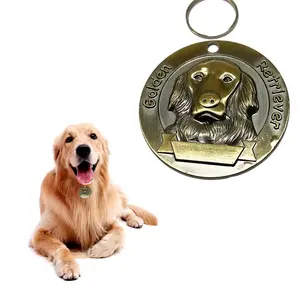 Chaveiro com etiqueta de identificação de cachorro em metal bronze vintage, acessório com pingente e colar para animais de estimação