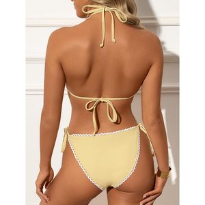 Women's Triangle <b>Bikini</b> <b>Set</b> Halter String Two Piece Swimsuit Lace Trim Bathing Suit Trendy Beach Swimwear Stretch Spandex Nylon - Product Image 4