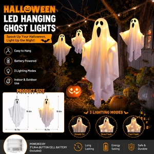 Luces LED de Halloween con Forma de Fantasma Colgante, Decoración Espeluznante con Fantasma Colgante, Funciona con Pilas, 3 Modos de Iluminación, Decoración para Fiestas en Interiores y Exteriores - Product Image 1