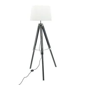 Lampu Tripod lantai dengan kap lampu kain, lampu Tripod tinggi kaki dapat disetel dengan bagian Tripod kayu antik untuk lampu dalam ruangan santai