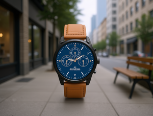 Orologio Intelligente Hyf da Uomo con Cinturino in Pelle, Cronografo, Cassa Rotonda in Acciaio Inossidabile, Quadrante Blu - Product Image 2