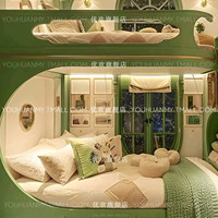 Lit superposé en bois massif pour enfants, style pastoral forestier, thème cabane dans les arbres, pour villa, chambre à thème ou gîte, avec escalier et rangement