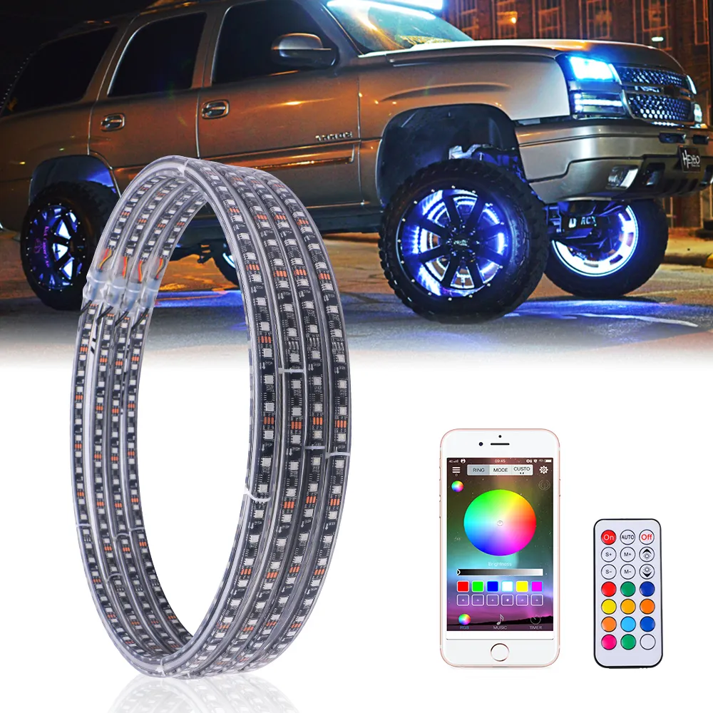 US Stock Car Accessories 14 15.5 17 inch Wheel Ring Light Kit RGB Chasing Color APP Control LED Illuminated Wheel Ring For Truck