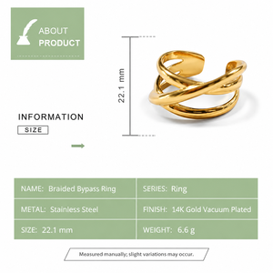 Stainless <b>Steel</b> Braided Bypass Adjustable <b>Ring</b> 14K Gold Vacuum Plated Gold and Silver Color Statement Jewelry - Product Image 2